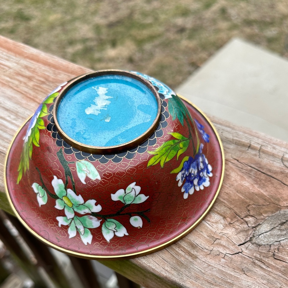 Floral Cloisonné Vintage Enamel Bowl with Blue and Green Floral - Picture 2 of 6